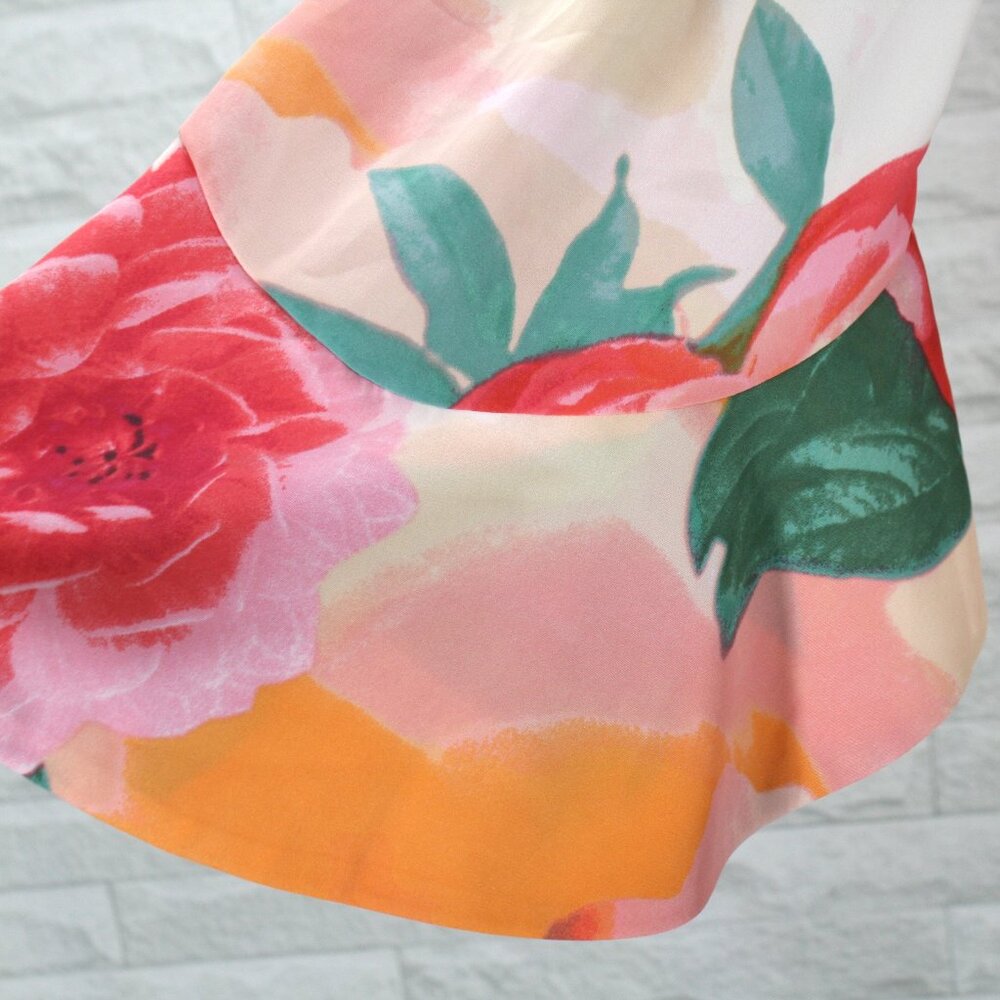 CALVIN KLEIN Ember Multi Dress Floral Bold Colorful Bell Sleeves V-Neck Orange 2 - Picture 4 of 16
